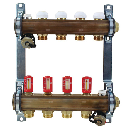 Rozdzielacz do ogrzewania podłogowego HERZ 5-obieg. mosiądz GW 1'' x GZ 3/4'' + przepływomierz + zawór napełn/spust + odpowietrznik