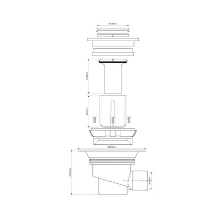 Wpust podłogowy wykonany z ABS z odpływem 50mm, czyszczony od góry z kratką ze stali nierdzewnej 150x150mm