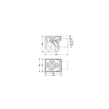 Wpust KESSEL Drehfix z 1 przyłączem DN 100, odpływ poziomy, kratka 210x168mm tworzywo sztuczne