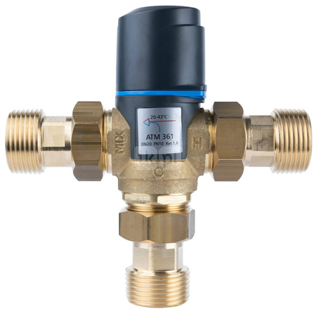 Zawór regulacyjny termostatyczny do wody ciepłej AFRISO ATM 361 ze śrubunkami mosiądz GZ 1'', DN 20, zakres temp. 20-43'C, Kvs 1.6 m3/h, maksymalna temperatura 90'C, maksymane ciśnienie 10 bar