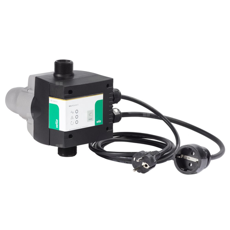 HiControl 1-EK elektronicznie sterowany czujnik ciśnienia i przepływu z zabezpieczeniem przed suchobiegiem i przepływem zwrotnym. Dodatkowo kabel podłączeniowy 2,5 m z wtyczką ze stykiem ochronnym i gniazdkiem do podłączenia pompy.
