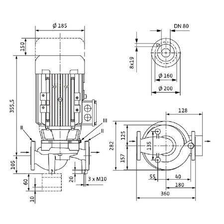 Pompa obiegowa WILO VeroLine-IPL 80/120-0,55/4 typu in-line z silnikiem znormalizowanym 50 Hz, moc silnika 0.55kW 1.45 A 1450 obr/min, wlot Kołnierz DN 80
