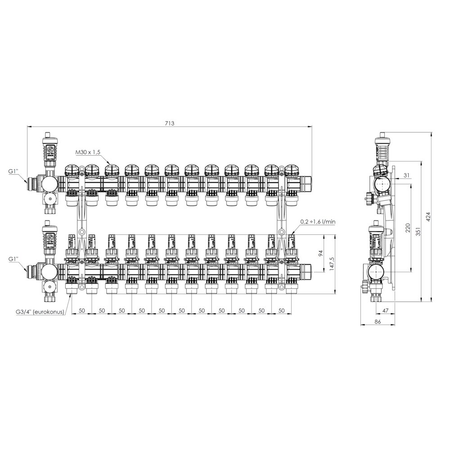 Rozdzielacz do ogrzewania podłogowego AFRISO ProCalida EF1 12-obieg. poliamid GZ 1'' x euroconus 3/4''