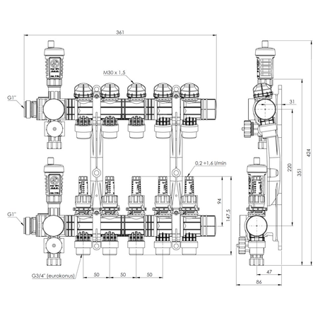 Rozdzielacz do ogrzewania podłogowego AFRISO ProCalida EF1 5-obieg. poliamid GZ 1'' x euroconus 3/4''
