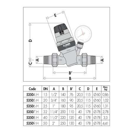 Regulator ciśnienia CALEFFI 5350H, GZ 1/2'', 25 bar z manometrem