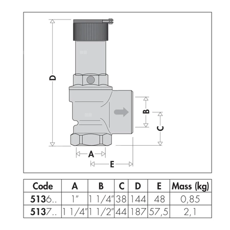 Zawór przelewowy CALEFFI 513 mosiądz 6 bar GW 1 1/4'' x 1 1/2''