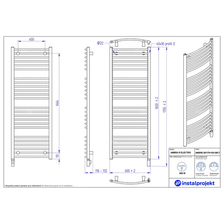 Grzejnik elektryczny (suszarka) INSTAL-PROJEKT AMBRA R ELECTRO, wym. 1650 (1755 z grzałką)/600 mm, kolor biały połysk,  moc 900 W