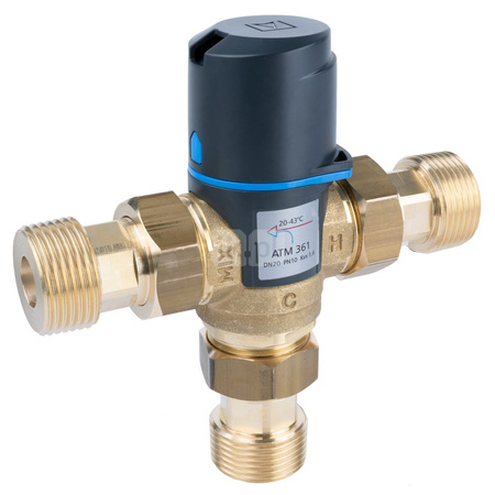 Zawór regulacyjny termostatyczny do wody ciepłej AFRISO ATM 361 ze śrubunkami mosiądz GZ 1'', DN 20, zakres temp. 20-43'C, Kvs 1.6 m3/h, maksymalna temperatura 90'C, maksymane ciśnienie 10 bar