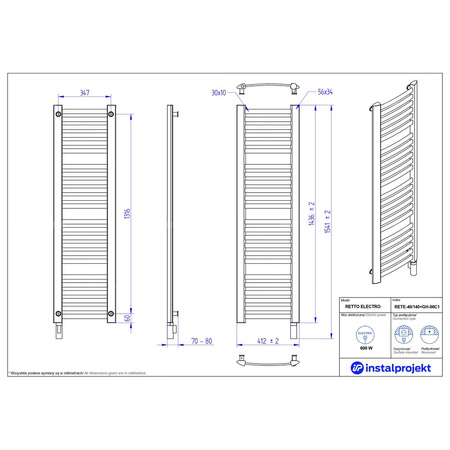 Grzejnik elektryczny (suszarka) INSTAL-PROJEKT RETTO ELECTRO, wym. 1436 (1541 z grzałką)/412 mm, kolor czarny mat,  moc 600 W