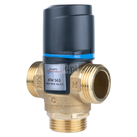 Zawór regulacyjny termostatyczny do wody ciepłej AFRISO ATM 563 ze śrubunkami mosiądz GZ 1'', DN 20, zakres temp. 35-60'C, Kvs 2.5 m3/h, maksymalna temperatura 90'C, maksymane ciśnienie 10 bar