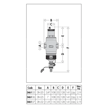 Separator CALEFFI DISCALDIRTMAG, 10 bar / 110'C, 1'', z wkładem magnesowym, kolor: mosiądz