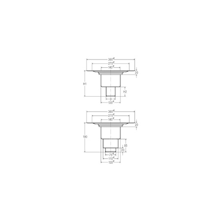Advantix-korpus odpływu podłogowego nie występuje: nasadka, nr wzoru 4951.15 DN: 70 d: 75 H1: 175 H2: 65 wydajność odpływu przy wysokości spiętrzenia 10 mm: 0.7 wydajność odpływu przy wysokości spiętrzenia 20 mm: 1.6 odpływ pionowy