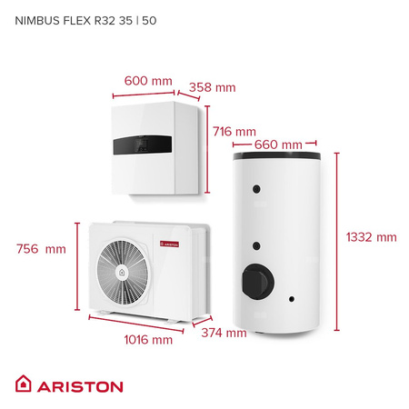 Pakiet - Pompa ciepła powietrze-woda split ARISTON NIMBUS FLEX S NET R32 5 kW 230 V + Moduł naścienny SENSYS HD + Zasobnik c.w.u. 190 l + Moduł komunikacji internetowej (aplikacja Ariston Net)