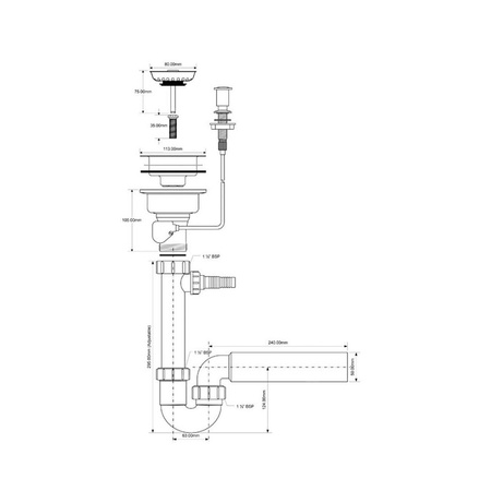 Syfon zlew.rurowy 3,5"x50mm z podłą.do pralki lub zmywarki, spust z mech.automatycznym ,przelew