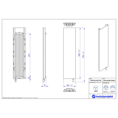 Grzejnik elektryczny (suszarka) INSTAL-PROJEKT INVENTIO ELECTRO, wym. 1600 (1705 z grzałką)/380 mm,  moc 600 W