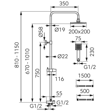WIZARD SQUARE Zestaw natryskowy z deszczownią, chrom