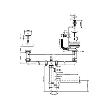 Syfon zlew.rurowy podwójny 3,5"X50mm z podłą.pralki lub zmywarki,spust z mech.automatycznym, przelew