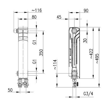 Grzejnik żeberkowy KFA Armatura G350F/D/1 aluminium, podłączenie dolne, lewe, proste 422 x 80 mm, kolor biały (RAL 9010)