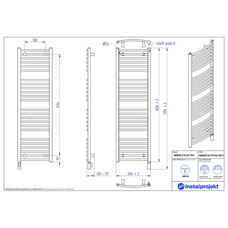 Grzejnik elektryczny (suszarka) INSTAL-PROJEKT AMBRA R ELECTRO, wym. 1650 (1755 z grzałką)/500 mm, kolor biały połysk,  moc 600 W