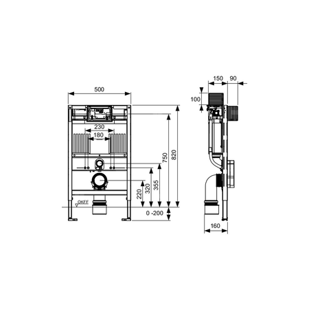 Stelaż podtynkowy do WC TECE profil, 820 x 500 x 160 mm, regulowana wysokość, ze spłuczką