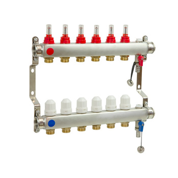 PHA-127/1/S 6-obwodowy PN6 Rozdzielacz ze stali nierdzewnej z odpowietrznikiem ręcznym do ogrzewania podłogowego