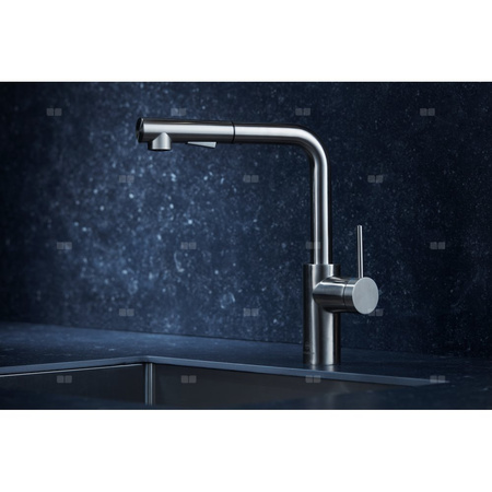 Bateria zlewozmywakowa stojąca KFA Armatura DUERO BASIC, kolor inox, wyciągana wylewka i obrotowa wylewka 2 funkcyjna, obrotowy górny, wys. 301 mm