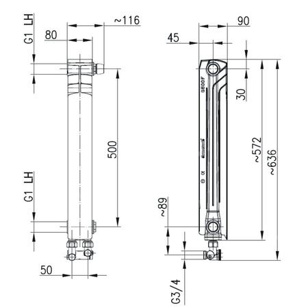 Grzejnik żeberkowy KFA Armatura G500F/D/1 aluminium, podłączenie dolne, prawe, kątowe 572 x 80 mm, kolor biały (RAL 9016)