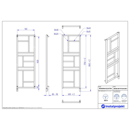 Grzejnik elektryczny (suszarka) INSTAL-PROJEKT MONDRIAN ELECTRO, wym. 1740 (1845 z grzałką)/600 mm, kolor biały mat,  moc 600 W