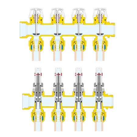 Zespół rozdzielaczy. 1" x 4 wyjścia 3/4" GZ