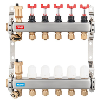 Rozdzielacz 5-drogowy z zaworami termostatycznymi, przepływomierzami i złączkami, stal nierdzewna