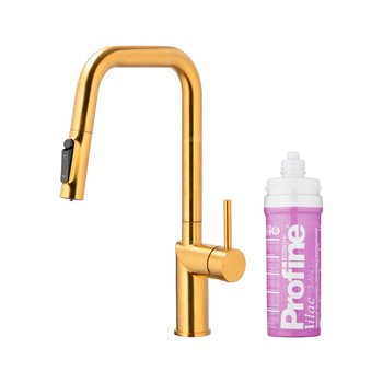 DUERO PURE STYLE PULL-OUT BATERIA KUCHENNA Z FUNKCJĄ FILTRACJI WODY I WYCIĄGANĄ WYLEWKĄ, BRUSHED GOLD + ZESTAW FILTRUJĄCY PROFINE LILAC S