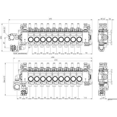 ProCalida CC 1 na 9 obiegów grzewczych, rotametry 0,75÷3,75 l/min