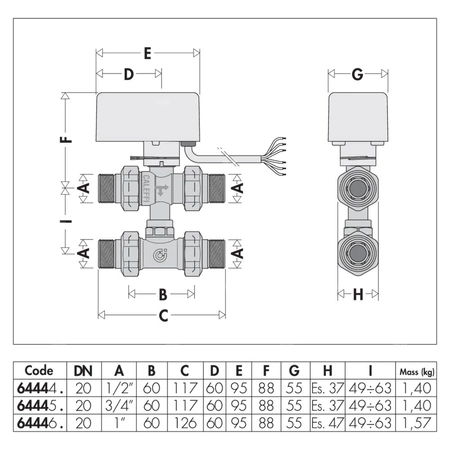 Trójdrożny kulowy zawór strefowy z trójnikiem obejściowym, z napędem 1/2"-230V