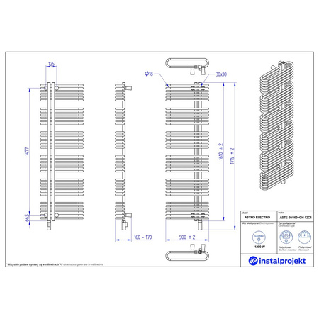 Grzejnik elektryczny (suszarka) INSTAL-PROJEKT ASTRO ELECTRO, wym. 1610 (1715 z grzałką)/500 mm, kolor czarny,  moc 1200 W