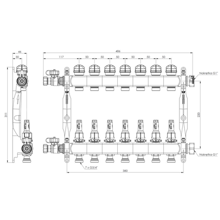 Rozdzielacz do ogrzewania podłogowego AFRISO ProCalida VA 1C 7-obieg. stal nierdzewna GZ 1'' x euroconus 3/4''