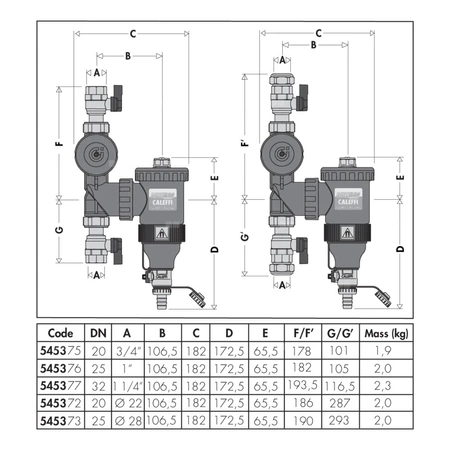 Separator CALEFFI DIRTMAGPLUS®, 3 bar / 90'C, 22 mm