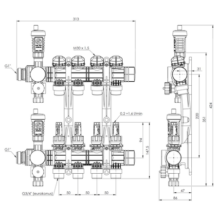 Rozdzielacz do ogrzewania podłogowego AFRISO ProCalida EF1 4-obieg. poliamid GZ 1'' x euroconus 3/4''
