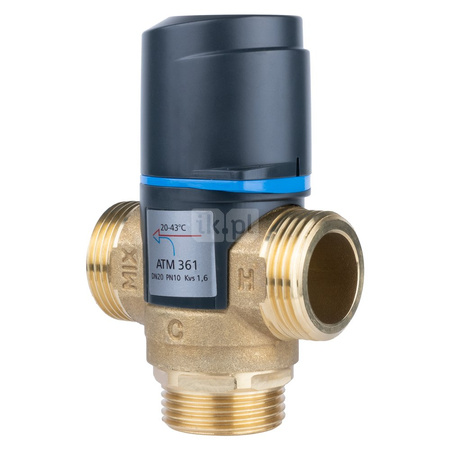 Zawór regulacyjny termostatyczny do wody ciepłej AFRISO ATM 361 ze śrubunkami mosiądz GZ 1'', DN 20, zakres temp. 20-43'C, Kvs 1.6 m3/h, maksymalna temperatura 90'C, maksymane ciśnienie 10 bar