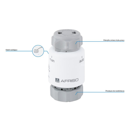 Siłownik termoelektryczny TSA-02 FO, nakrętka M30 x 1,5 mm, 230 V AC, NC, funkcja sterowania ręcznego