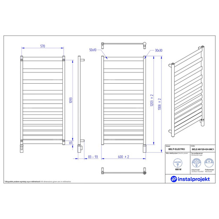 Grzejnik elektryczny (suszarka) INSTAL-PROJEKT BELTI ELECTRO, wym. 1203 (1308 z grzałką)/600 mm, kolor czarny mat,  moc 600 W