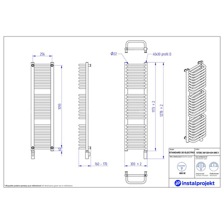 Grzejnik elektryczny (suszarka) INSTAL-PROJEKT STANDARD 3D ELECTRO, wym. 1173 (1278 z grzałką)/300 mm, kolor biały połysk, moc 600 W