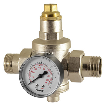 Regulator ciśnienia wody FERRO mosiądz, GZ 1'', 25 bar z manometrem