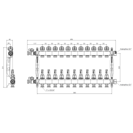 Rozdzielacz do ogrzewania podłogowego AFRISO ProCalida VA 1C 11-obieg. stal nierdzewna GZ 1'' x euroconus 3/4''