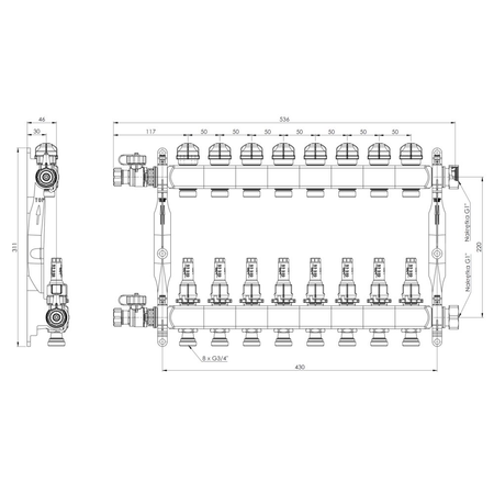 Rozdzielacz do ogrzewania podłogowego AFRISO ProCalida VA 1C 8-obieg. stal nierdzewna GZ 1'' x euroconus 3/4''