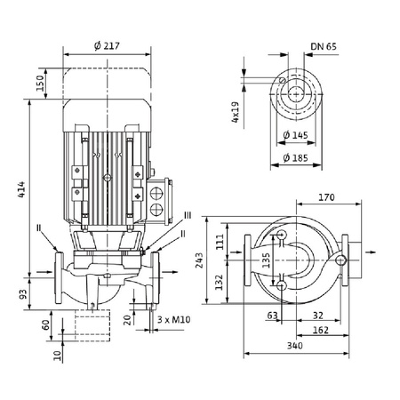 Pompa obiegowa WILO VeroLine-IPL 65/120-3/2-IE3 typu in-line z silnikiem znormalizowanym 50 Hz, moc silnika 3kW 6.15 A 2900 obr/min, wlot Kołnierz DN 65