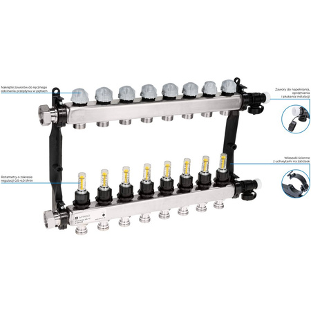Rozdzielacz do ogrzewania podłogowego AFRISO ProCalida VA 1C 8-obieg. stal nierdzewna GZ 1'' x euroconus 3/4''
