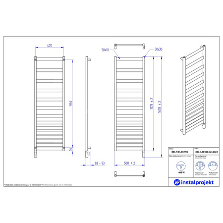 Grzejnik elektryczny (suszarka) INSTAL-PROJEKT BELTI ELECTRO, wym. 1573 (1678 z grzałką)/500 mm, kolor czarny,  moc 600 W