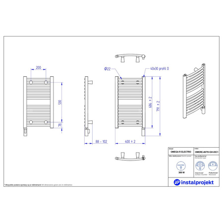 Grzejnik elektryczny (suszarka) INSTAL-PROJEKT OMEGA R ELECTRO, wym. 686 (791 z grzałką)/400 mm, kolor biały połysk, moc 300 W
