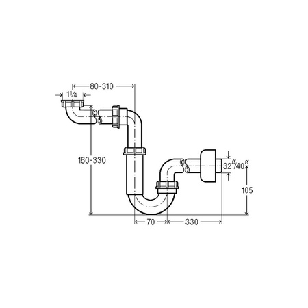 Syfon rurowy tworzywo sztuczne, z możliwością pozyskania dodatkowej przestrzeni, nr wzoru 5729 G: 1¼ DN: 32