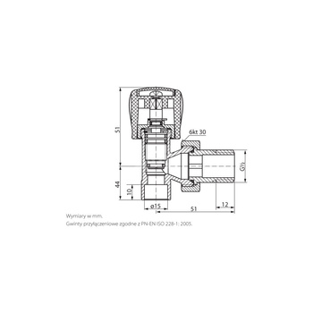 PHA-032/L G1/2xO15 (GZ) PN10 DN15 Zawór grzejnikowy K do wlutowania CuZn-C PN-M-75002